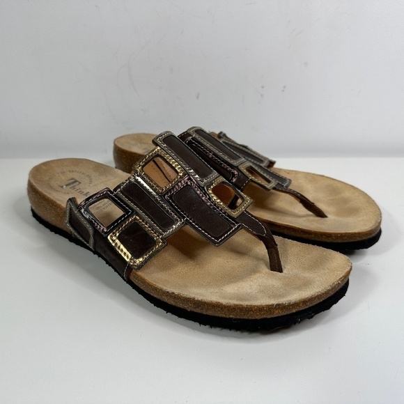 Think! Women's Sandal Size 41/10 Thong Slide Brown Leather Perforated Flip Flop - Picture 2 of 16